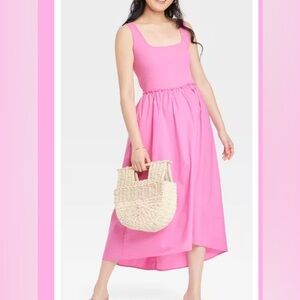 Pink Balletcore Girly Fairy Square Neck Gathered Waist Midi Dress Women's XL